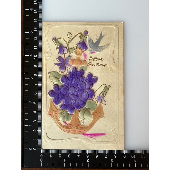 Antique Birthday Postcard Early 1900s Ephemera 3D Anchor Nautical Dove Violets - Picture 2 of 7